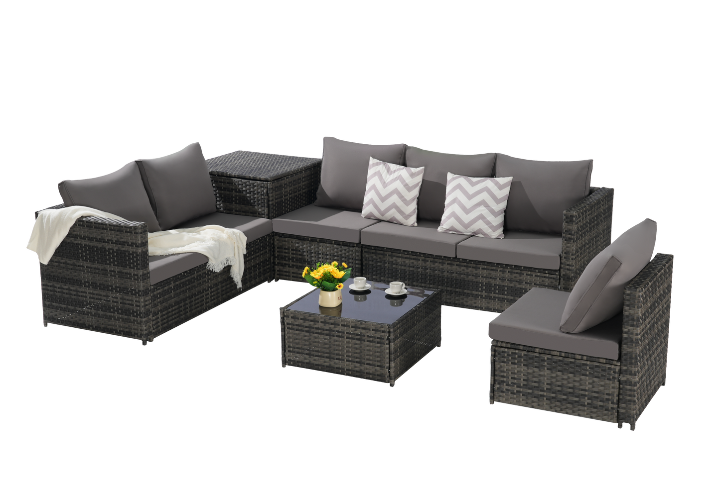 Outdoor Sectional Set PE Rattan Steel Dark Gray L-Shape 6 Piece Seats 8