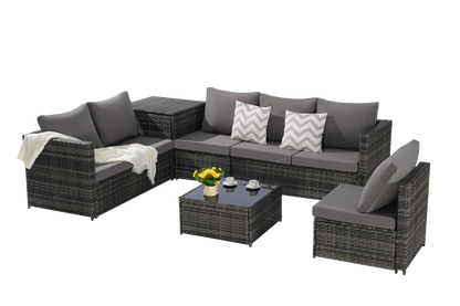 Outdoor Sectional Set PE Rattan Steel Dark Gray L-Shape 6 Piece Seats 8