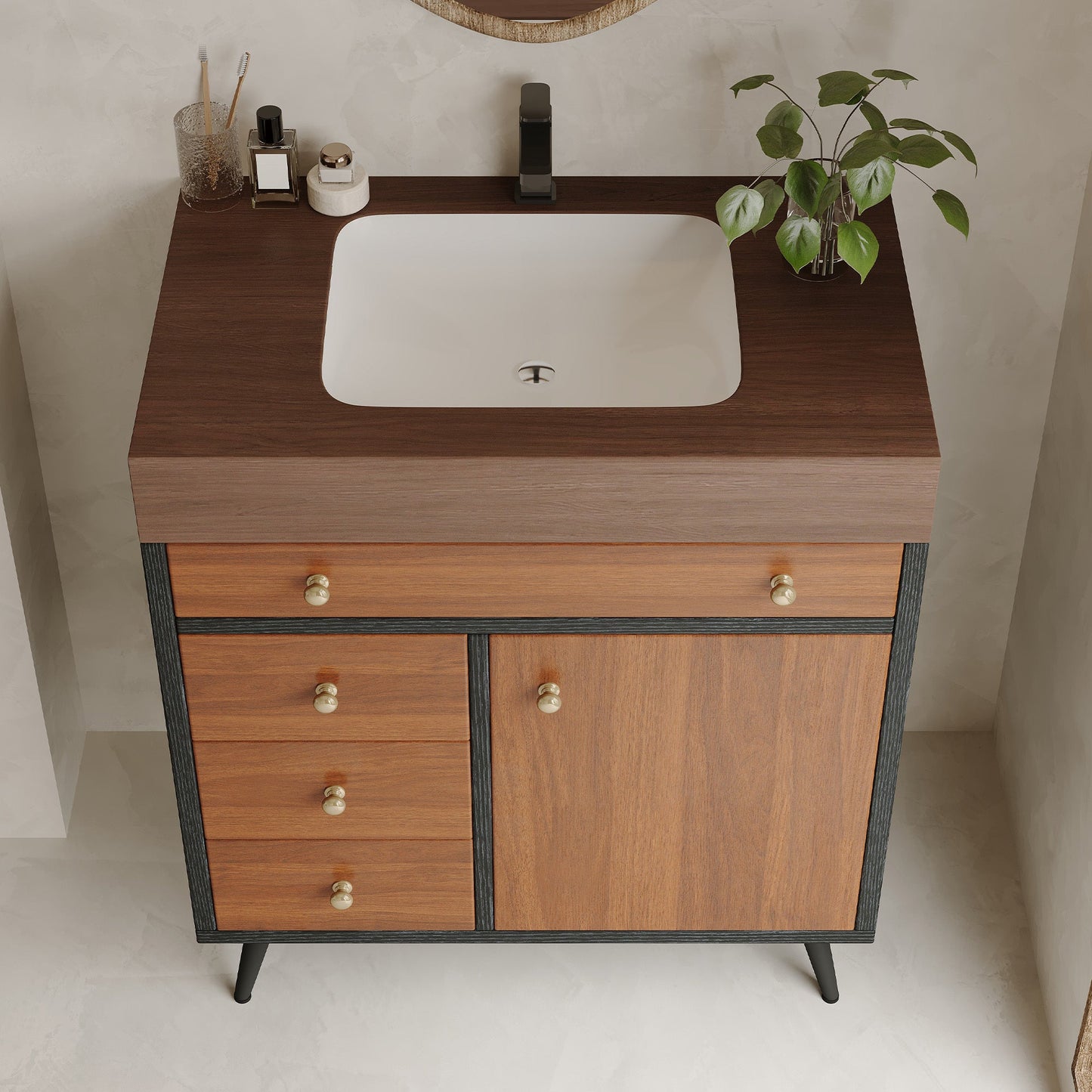 Mid-Century Modern Free-Standing Bathroom Vanity with Ceramic Sink & Sintered Stone Top
