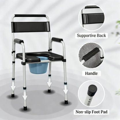 Commode Chair Adjustable 7-Level Steel Black 331 LB Foldable Removable Bucket