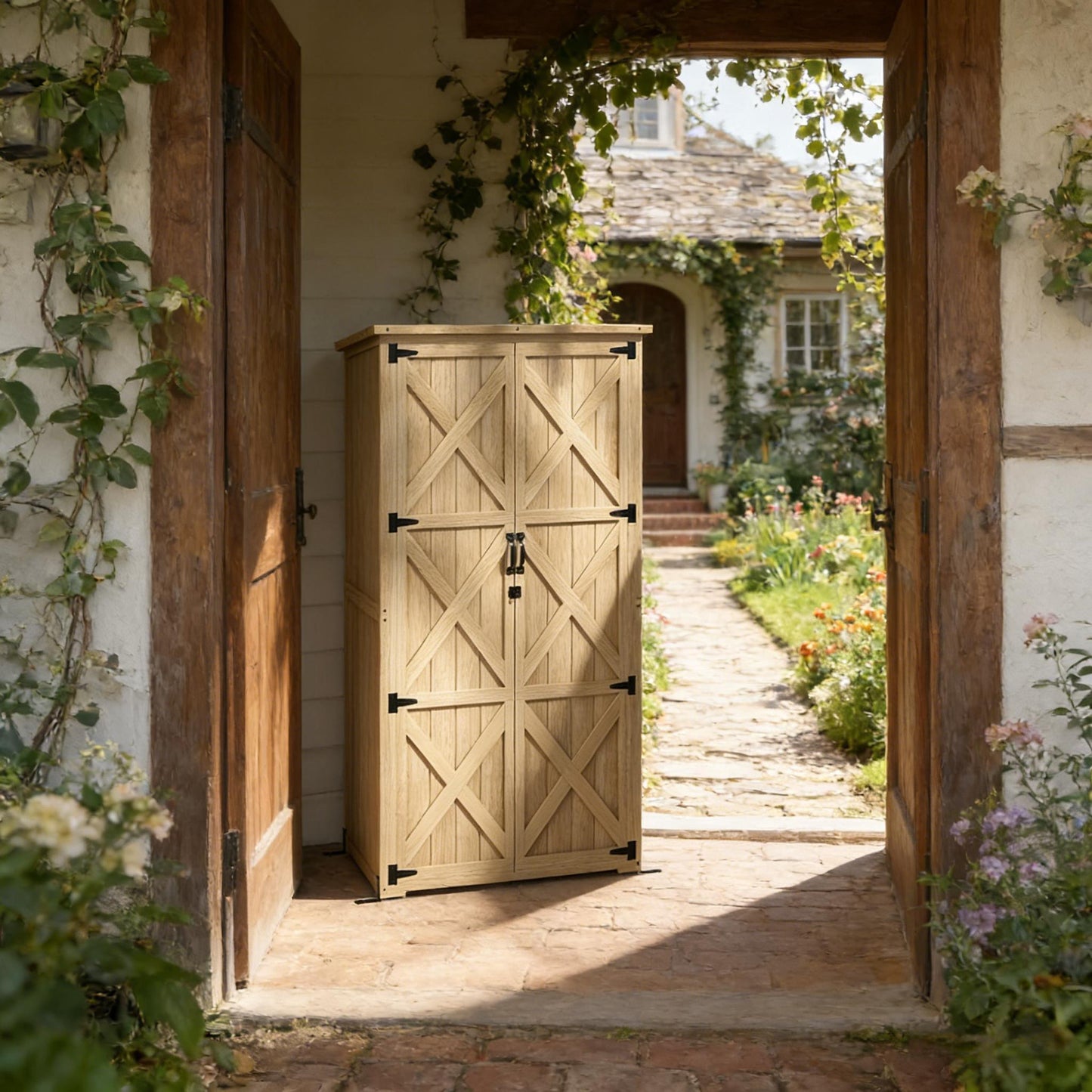 Outdoor Storage Shed Fir Wood Natural Vertical Lockable 35.5in