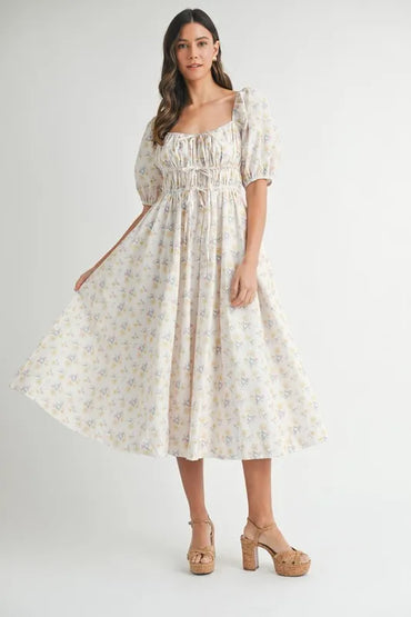 Floral Drawstring Detail Puff Sleeve Midi Dress – Romantic Floral Midi Dress, Ruched Drawstring Dress, Feminine Puff Sleeve Dress, Trendy Garden Party Dress For Summer