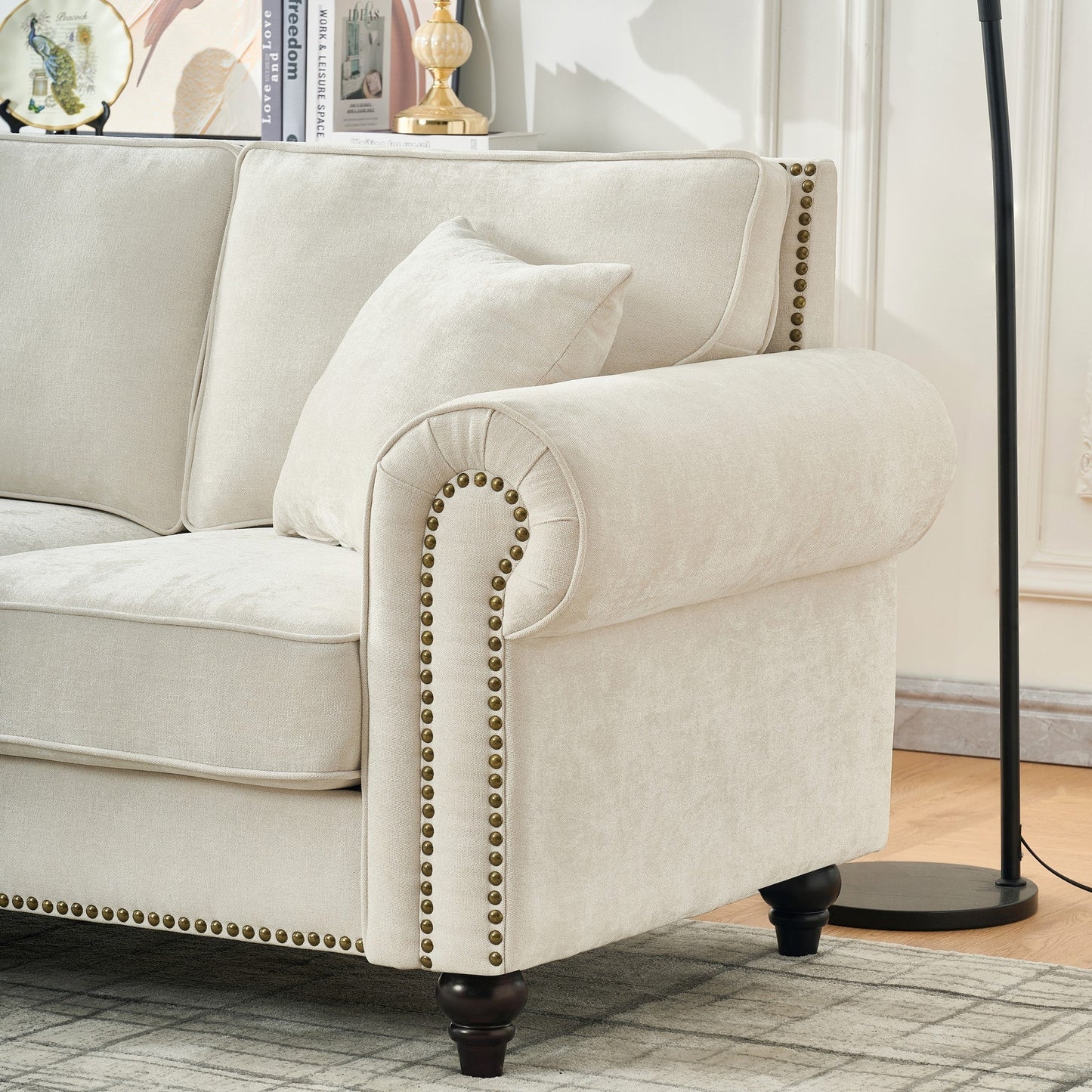 Loveseat Chenille Beige Rolled Arms Nailhead Trim 63 In 700 LB