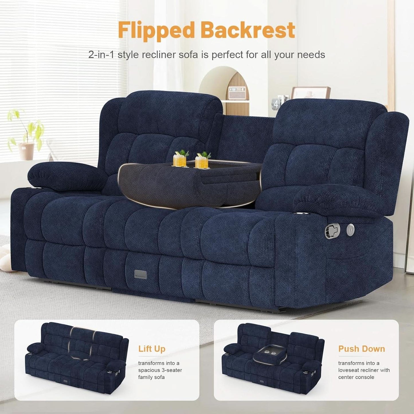 Blue Loveseat Recliner Sofa With Flip Backrest Manual