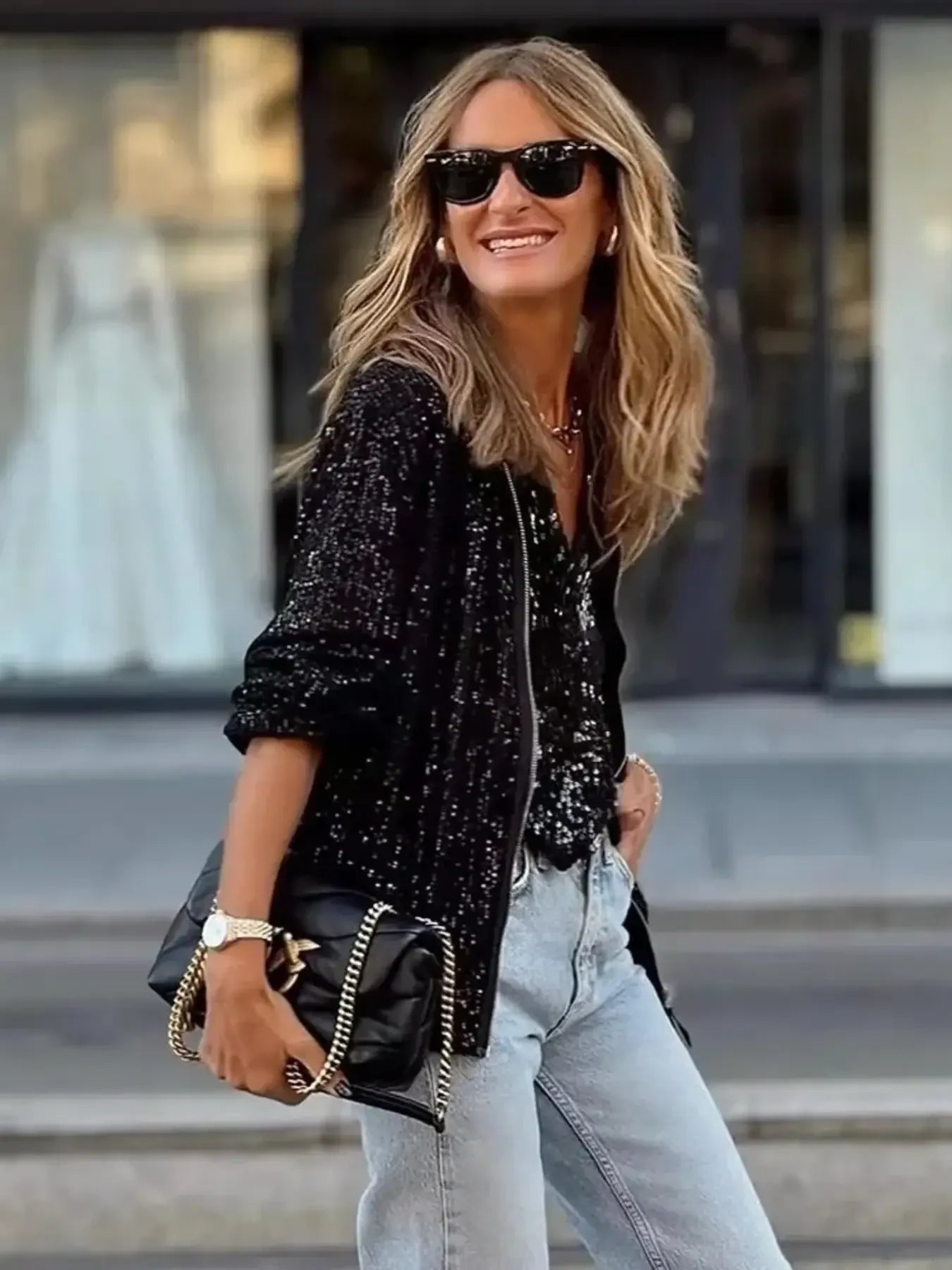 Sequin Zip Up Long Sleeve Jacket