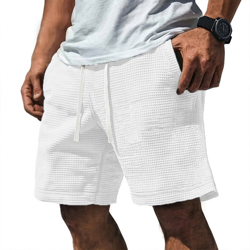 Mens Casual Waffle-Weave Shorts With Drawstring Pockets