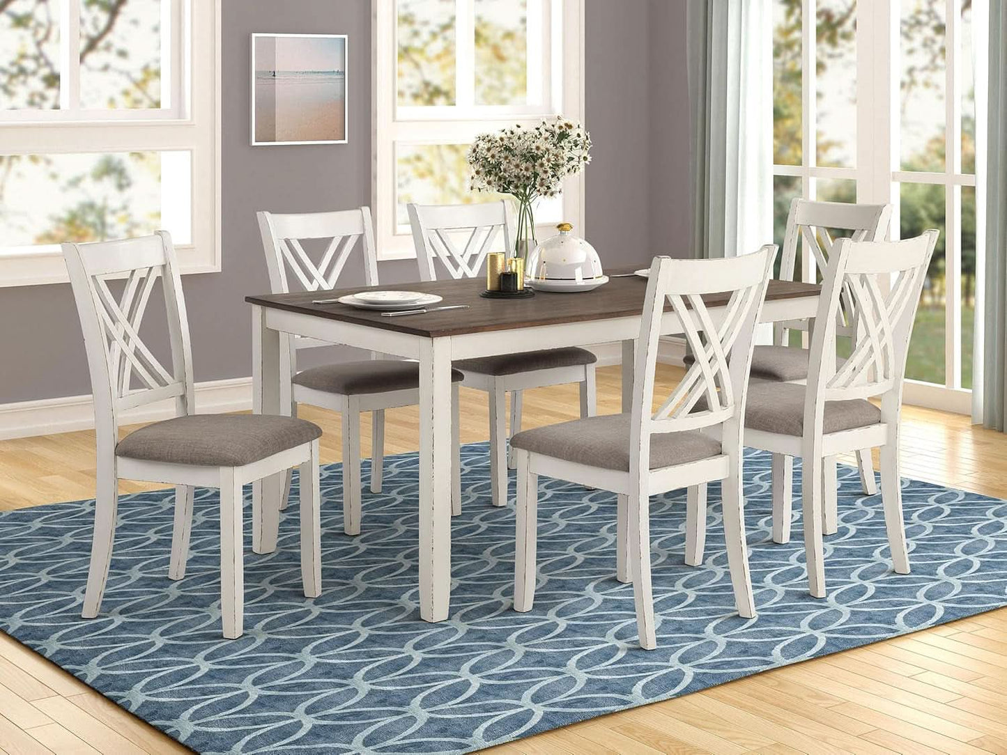 Seven Piece Rectangular Dining Table Set Two Tone Finish
