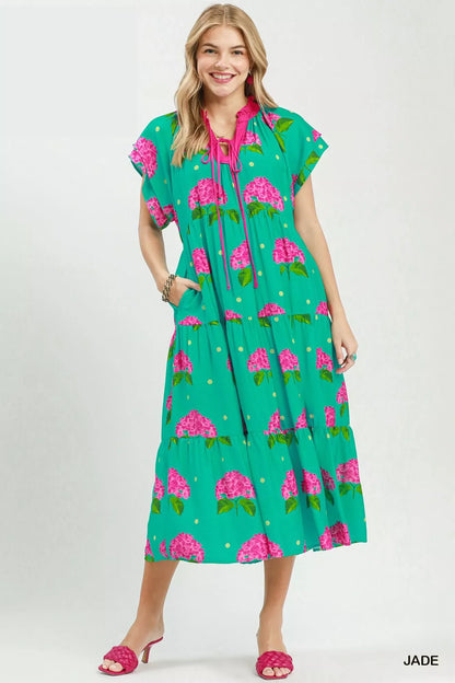 Umgee Hydrangea Print Tiered Midi Dress
