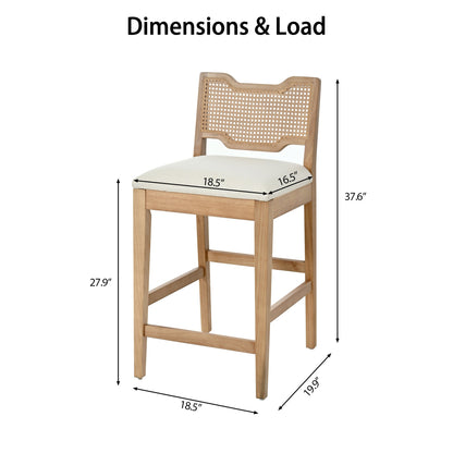 28 in Farmhouse Barstools Set of 2, Upholstered Iron Counter Stools with Rattan Backrest