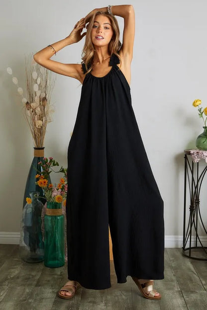 ADORA Full Size Elastic Ruffle Shoulder Jumpsuit Plus Size