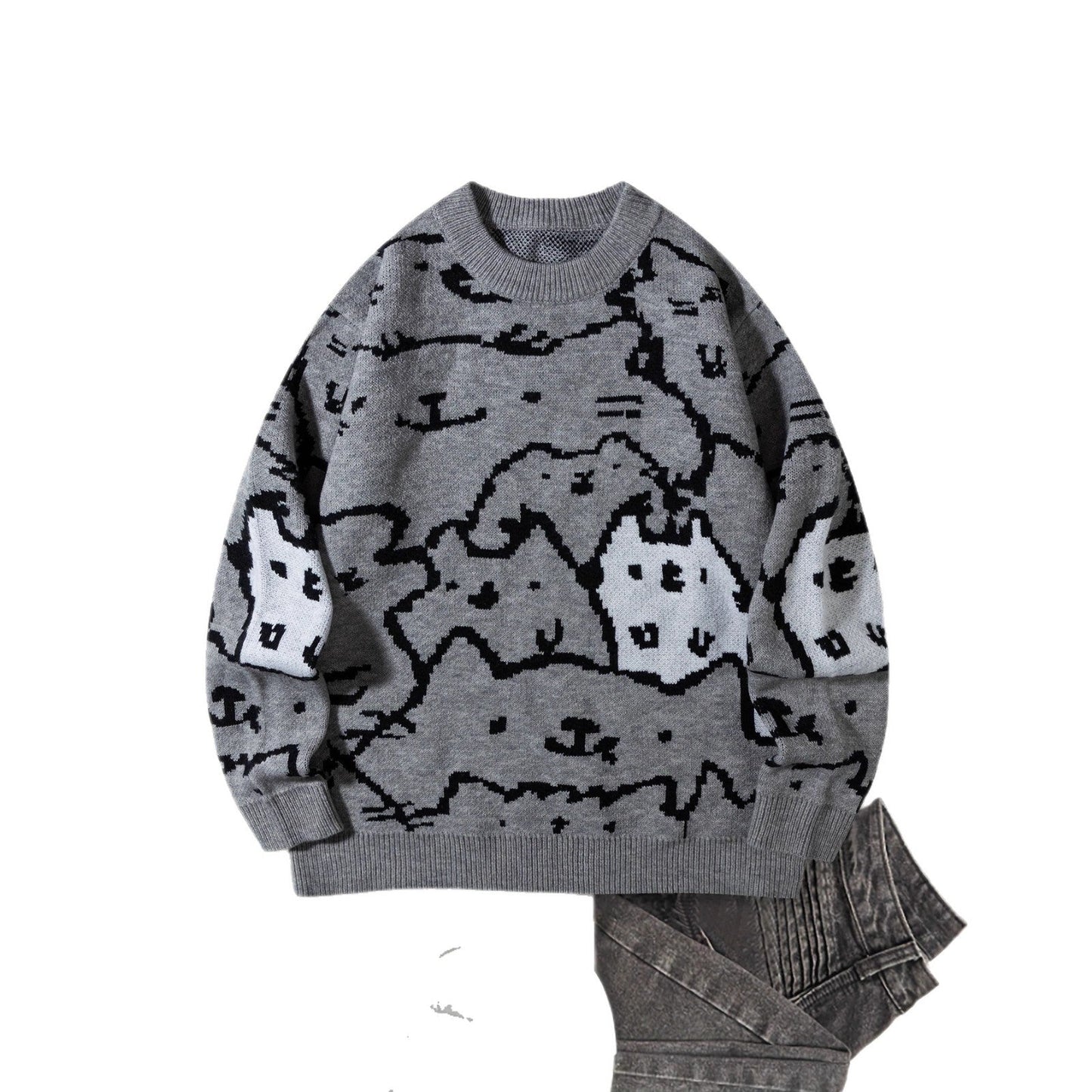 Mens Cute And Quirky Cat-print Knit Sweater