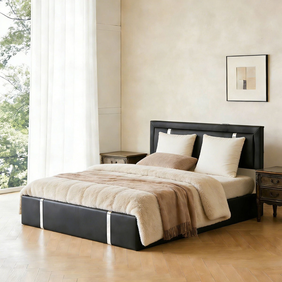 Upholstered Platform Bed Frame With Adjustable LED Headboard, USB C-Charging, Hydraulic Lift