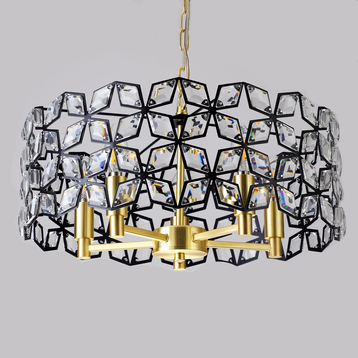 Chandelier Crystal Black Gold Round Pendant 5-Light Modern 19 In