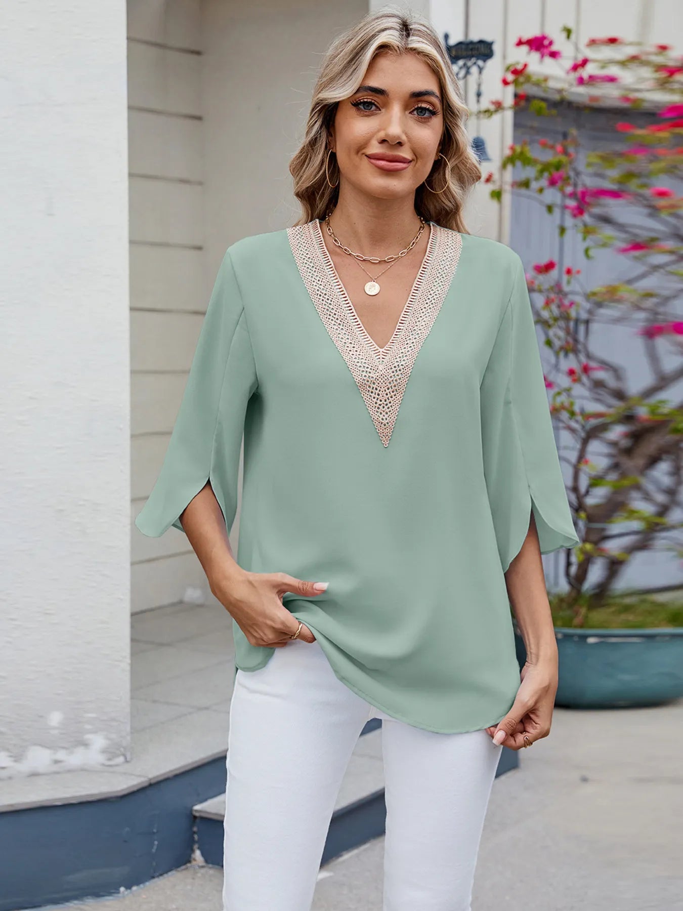 V-Neck Lace Trim Blouse
