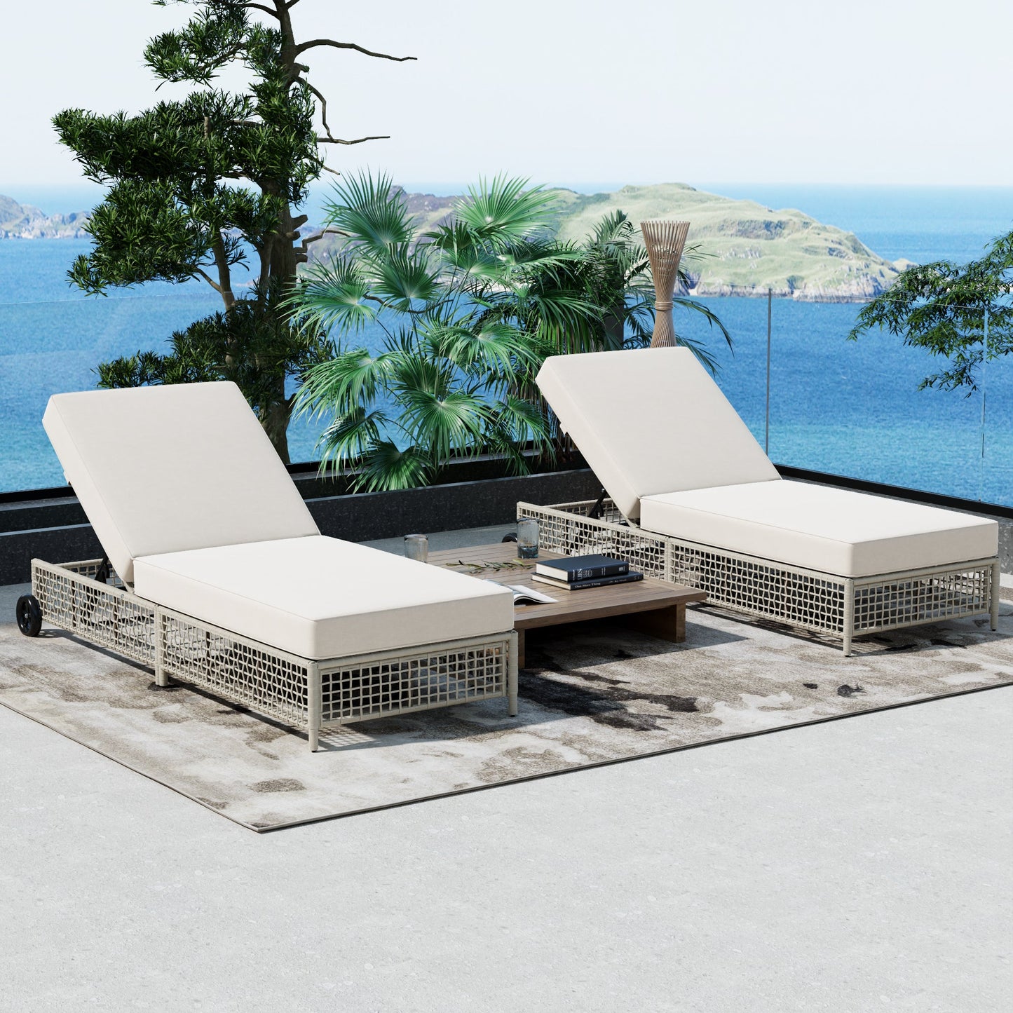 Outdoor Lounge Chair, 5-Position Adjustable Rattan Chaise with Cushion and