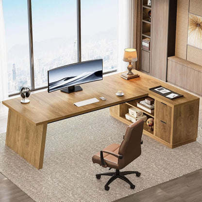 Executive Corner Desk 78 Inch Drawers Brown Shelves