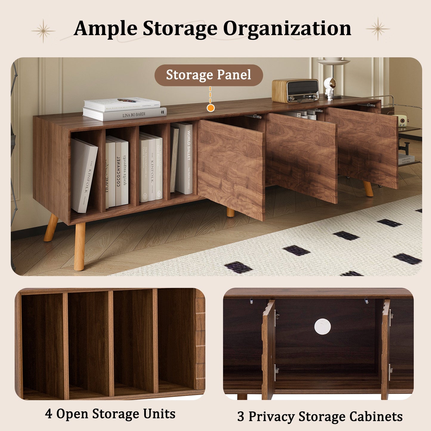 Mid-Century Walnut TV Stand 80" Push-Pop Doors MDF Wood