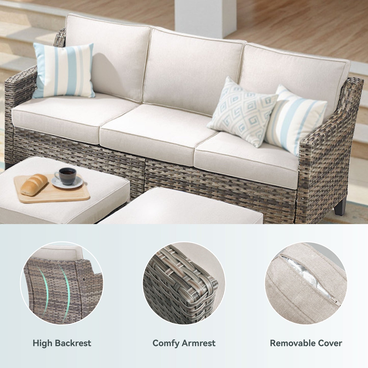 Outdoor PE Rattan Sofa Set 3 Seat Gray Beige Cushions
