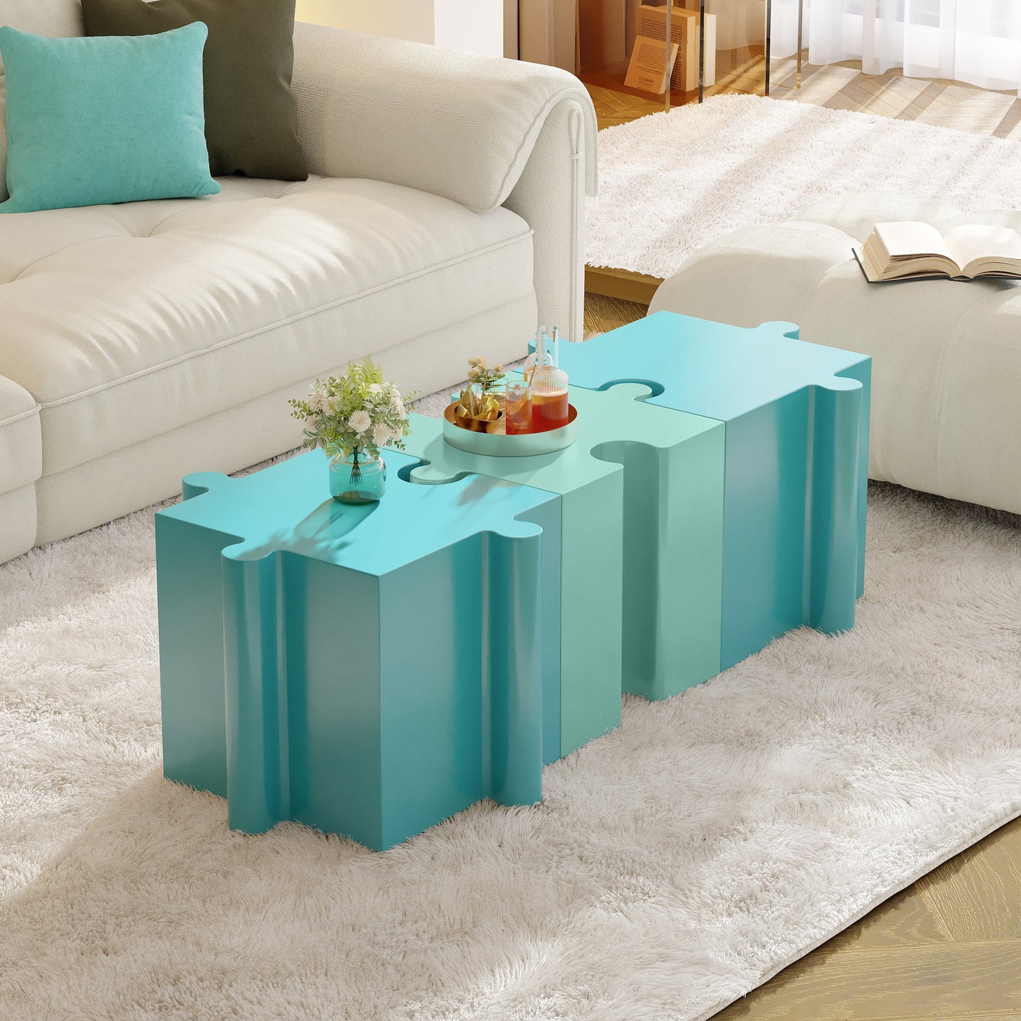 Puzzle Art Side Table Modular Convex Edge MGO Table Indoor and Outdoor Light Blue