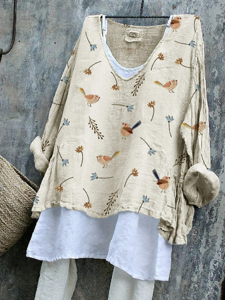 SpringSummer V-neck Long-sleeve Shirt Artistic Retro And Relaxed-fit