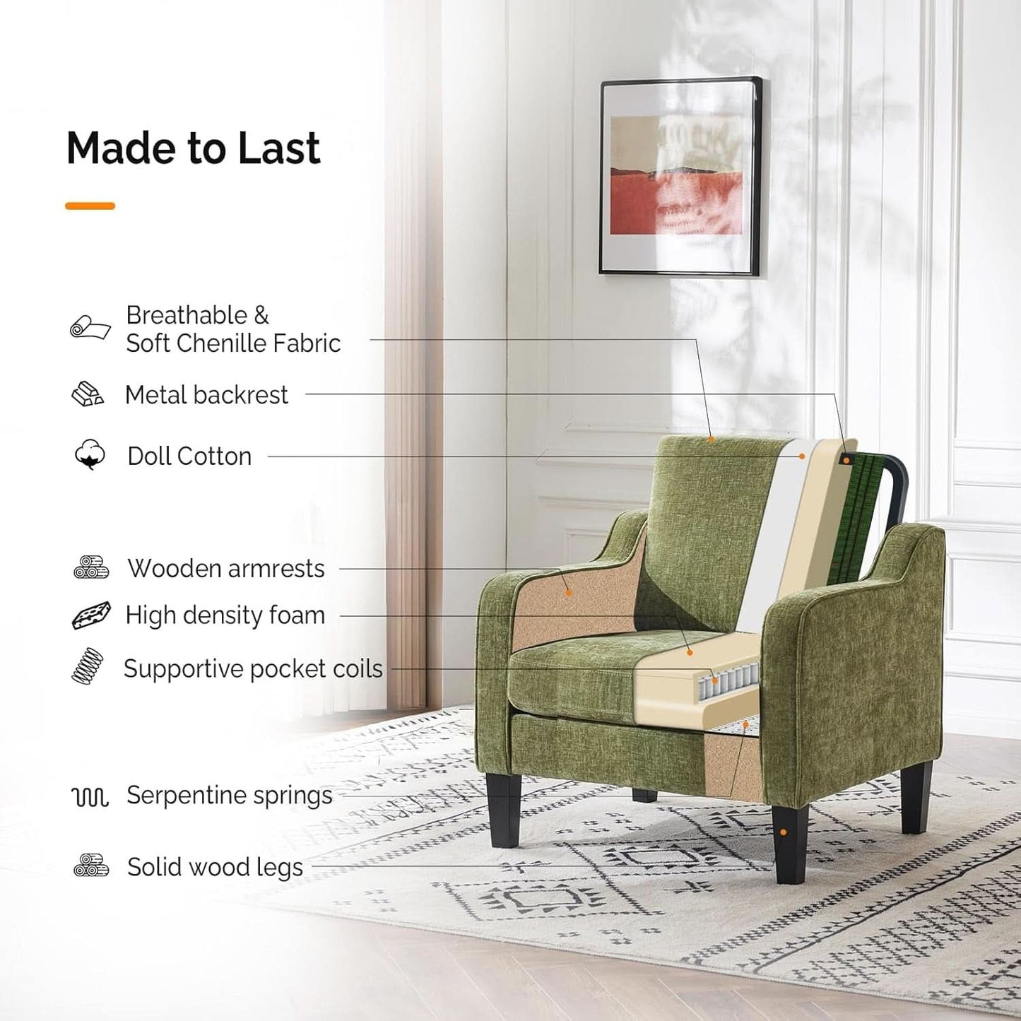 Olive Green Upholstered Accent Chair Midcentury Comfort