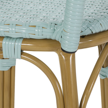 29.5 Inch Outdoor PE Rattan Aluminum French Barstools, Set of 2, Light Teal