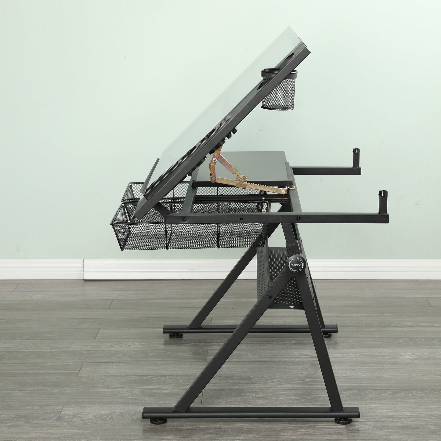 black adjustable tempered glass drafting printing table with chair