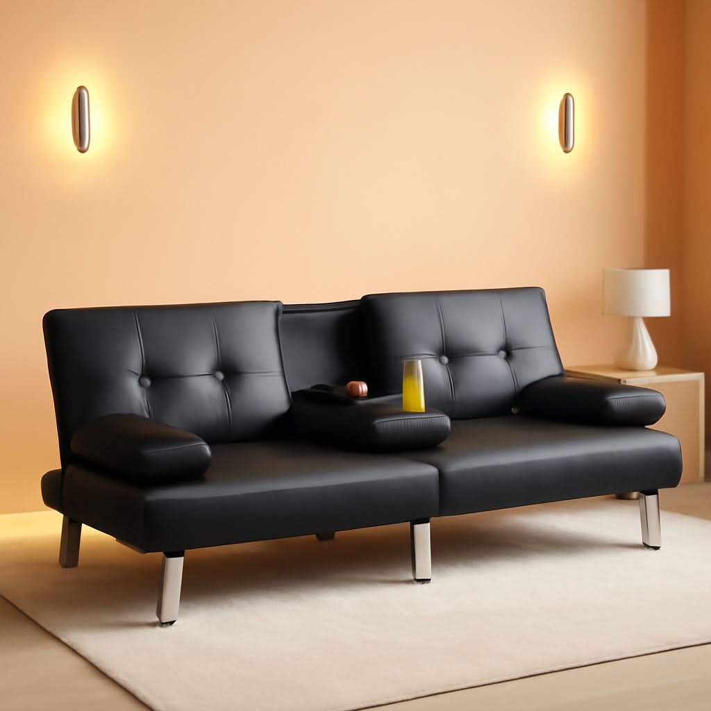 Convertible Sofa Bed Black Faux Leather With Cup Holders