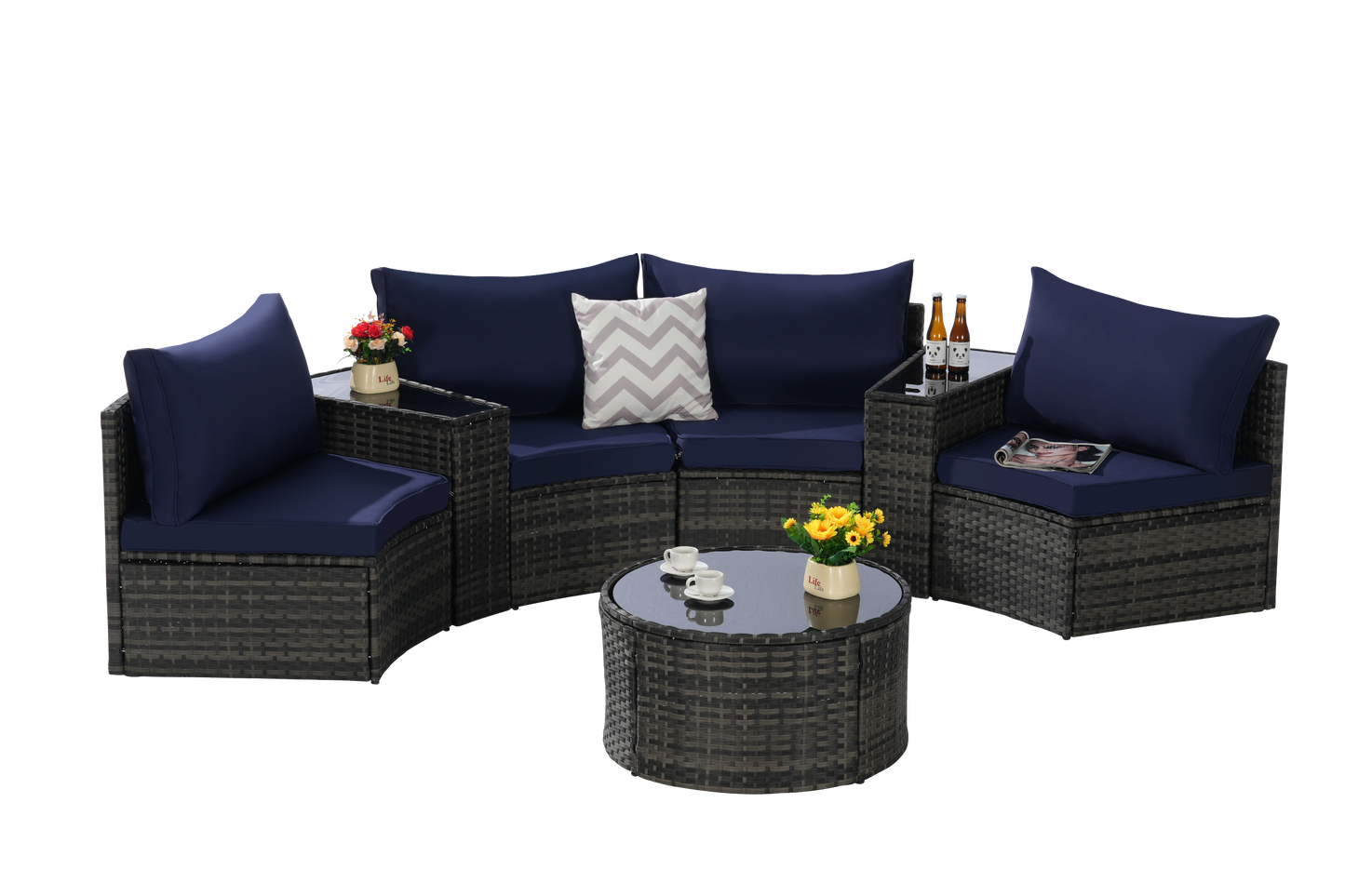 Outdoor Sectional Set PE Rattan Steel Dark Blue Half Moon 7 Piece 380 LB