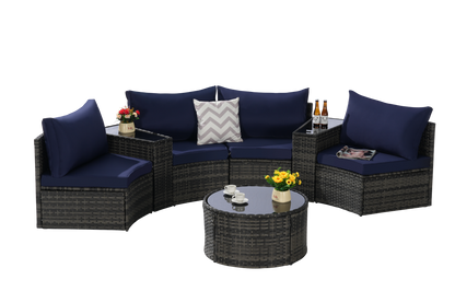 Outdoor Sectional Set PE Rattan Steel Dark Blue Half Moon 7 Piece 380 LB