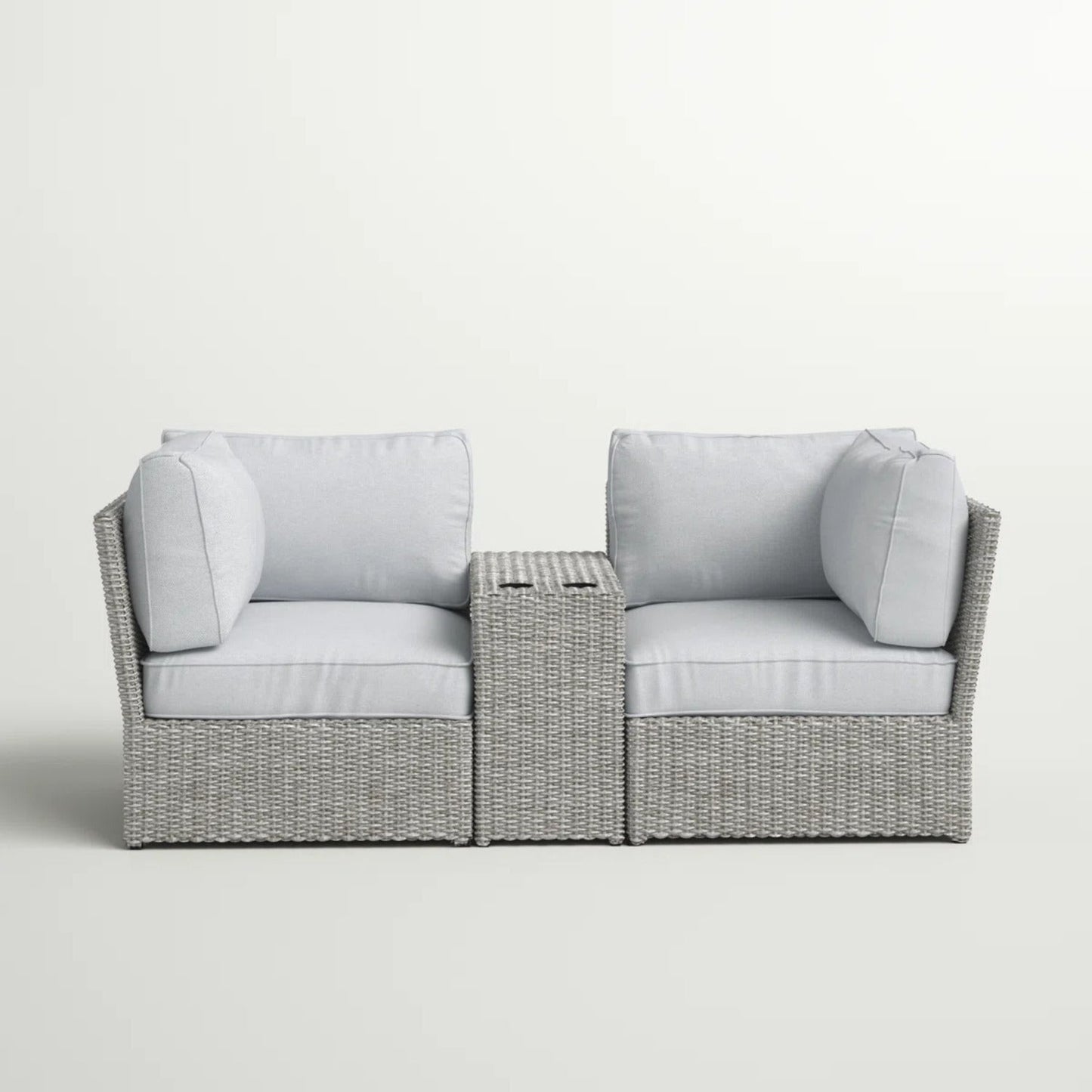 Outdoor Patio Loveseat Set HDPE Wicker Gray 3 Piece Cup Holder Table
