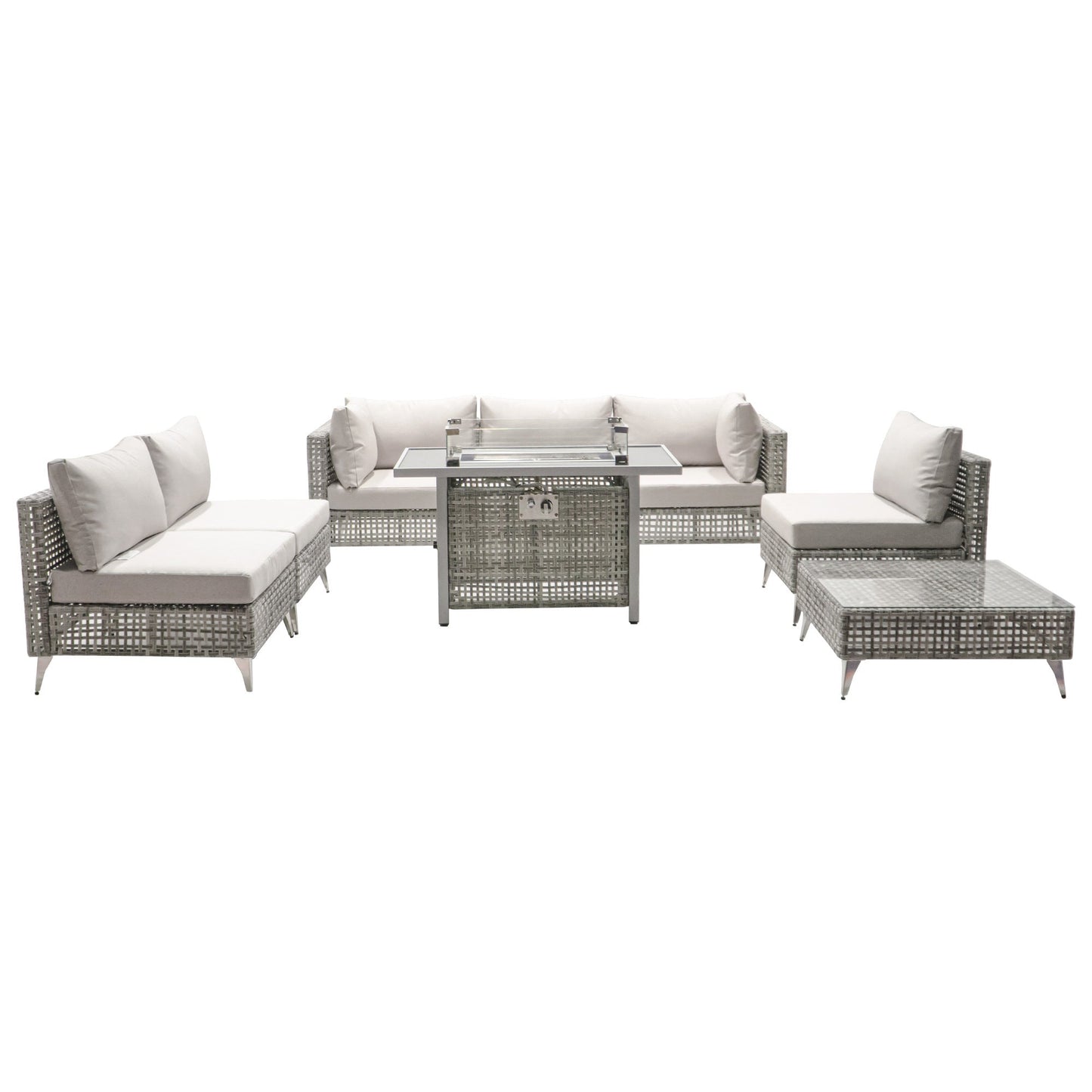Outdoor Patio Set with Fire Pit Table Rattan Gray 8 Piece 60000 BTU