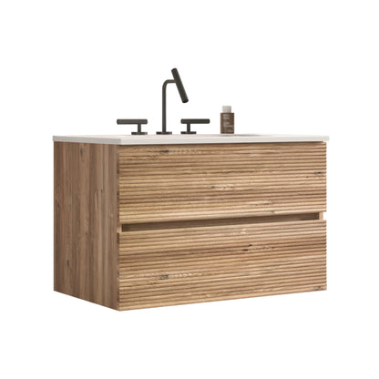 30' Wall Mounted Rough Oak&Rough Oak Bathroom Vanity with Integrated Ceramic ...