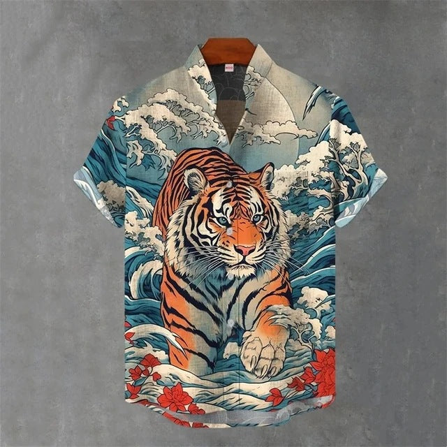 Animal-print Mens Shirt Summer Casual Short Sleeves