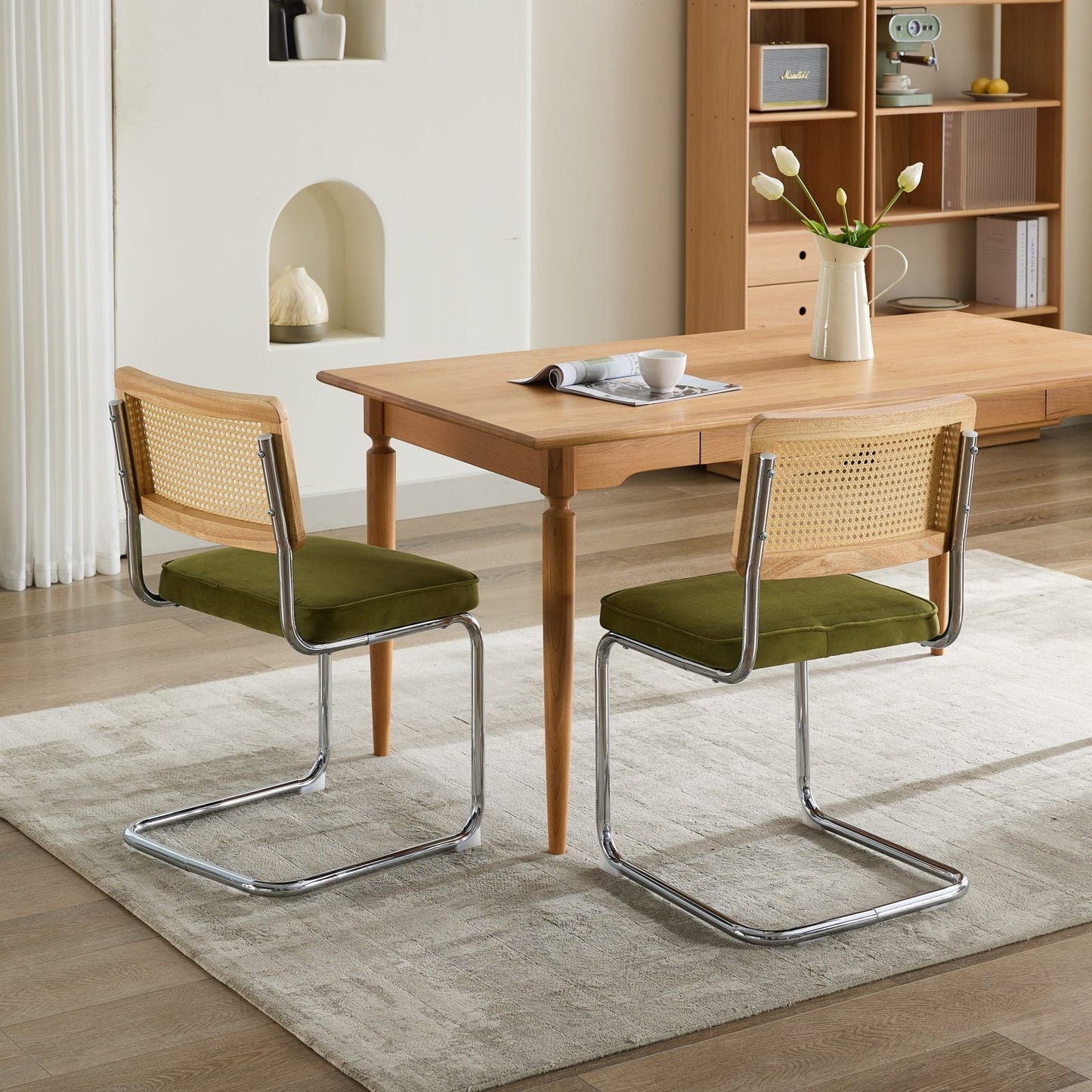 Mid Century Modern Dining Chairs Set of 2, Velvet Accent Chairs with Natural