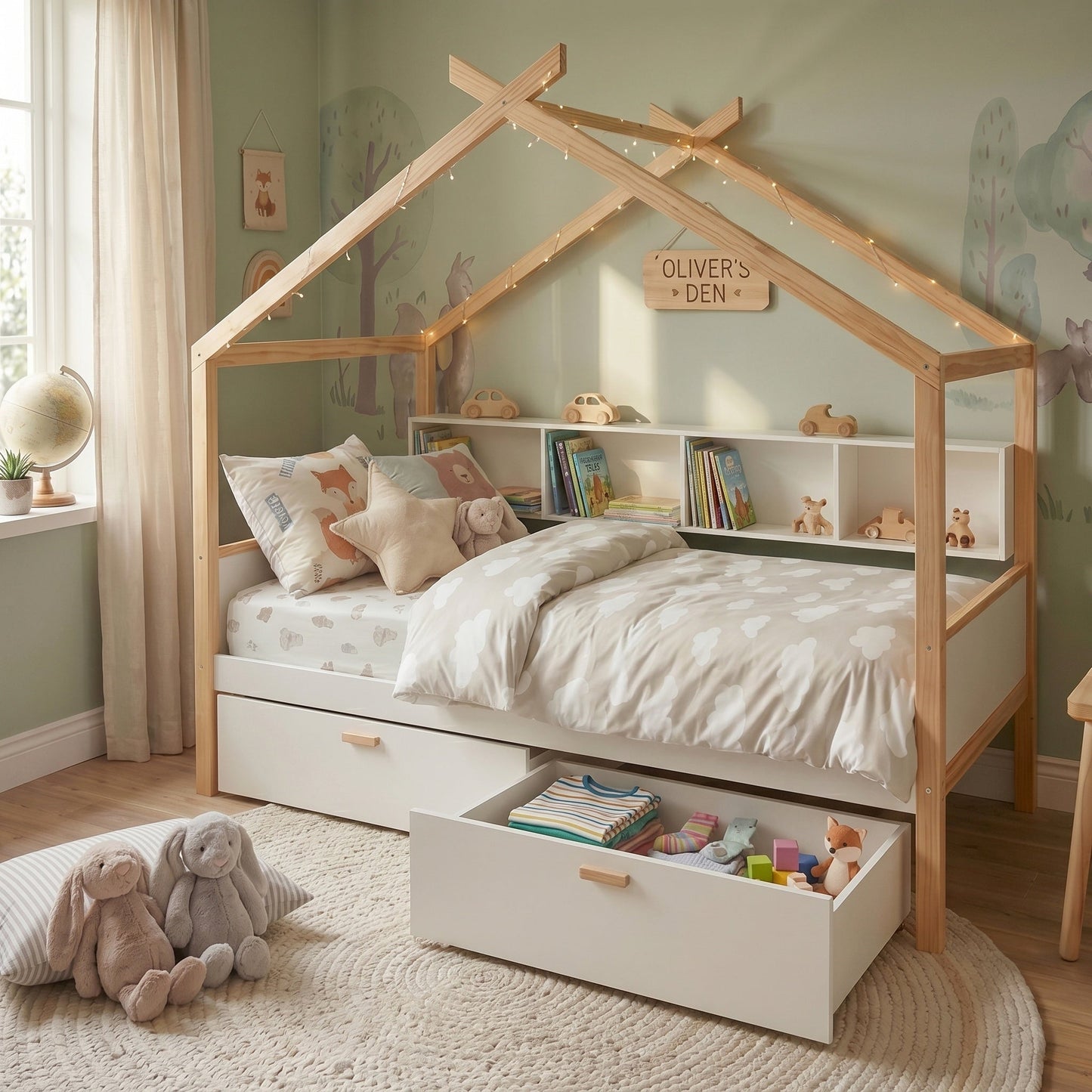 White Full Size Wooden House Bed with Two Drawers and Bookshelf Storage