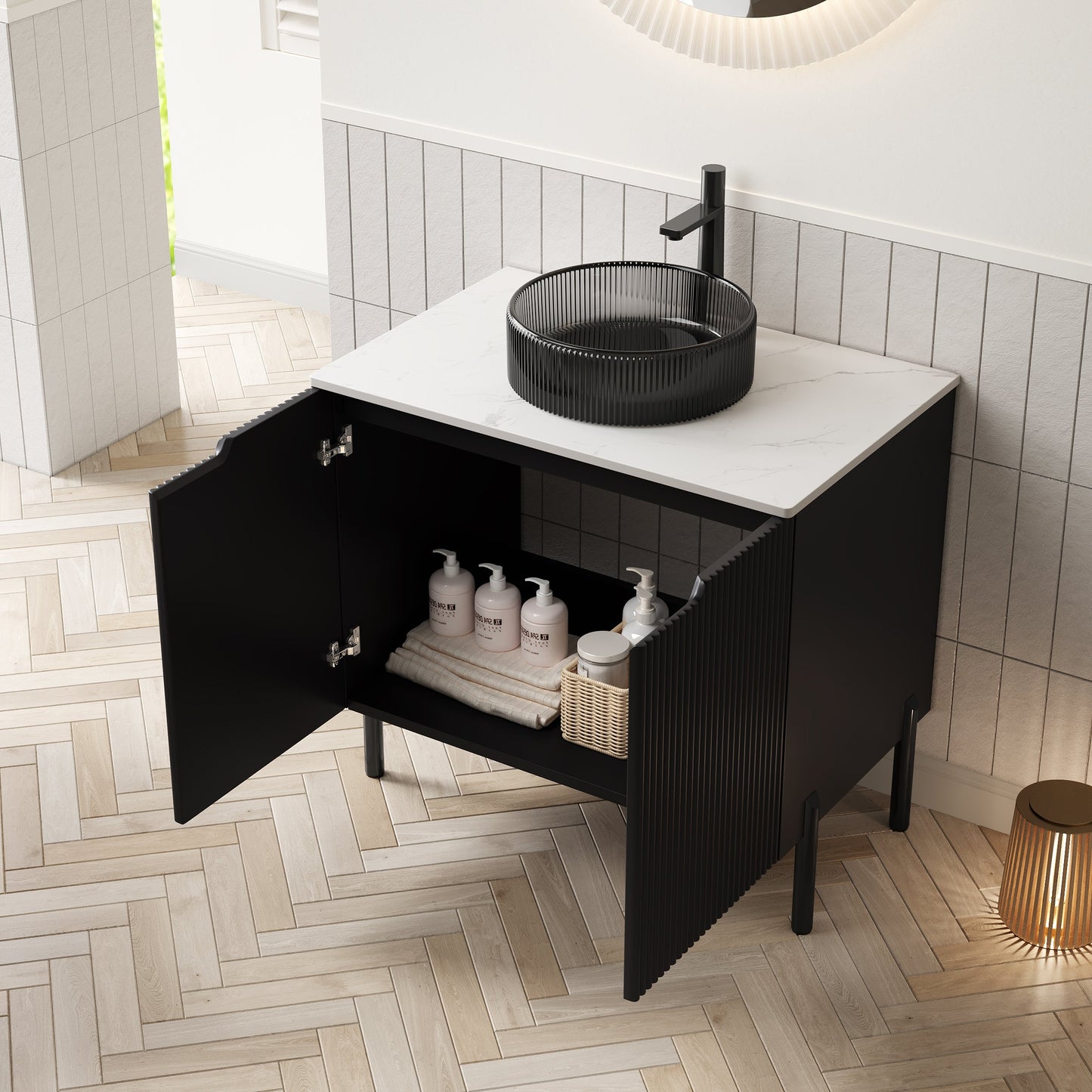30' Bathroom Vanity with Sink, Freestanding Cabinet 2 Doors Black Glass Basin