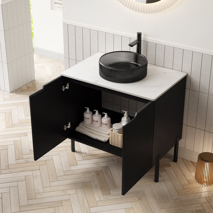 30' Bathroom Vanity with Sink, Freestanding Cabinet 2 Doors Black Glass Basin