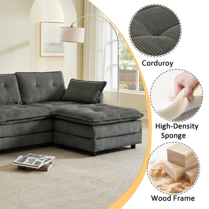Sectional Sofa L-Shape Corduroy Gray 4 Seat USB Ports Ottoman 119 In