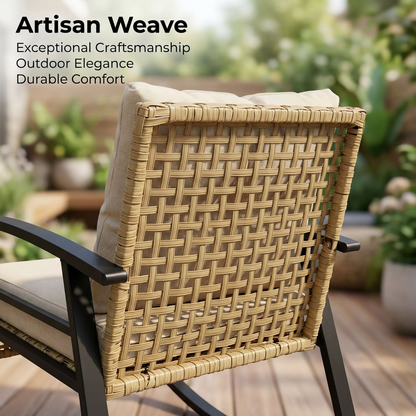Outdoor Rocking Chair Set Iron Wicker Beige Yellow 3 Piece Table