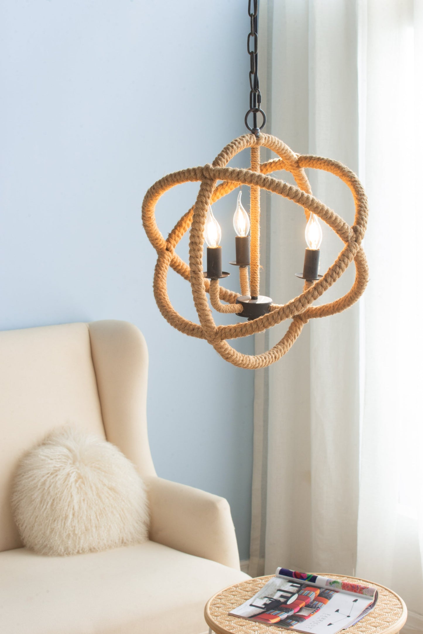 Chandelier 3-Light Farmhouse Rope Globe Hanging Adjustable Chain