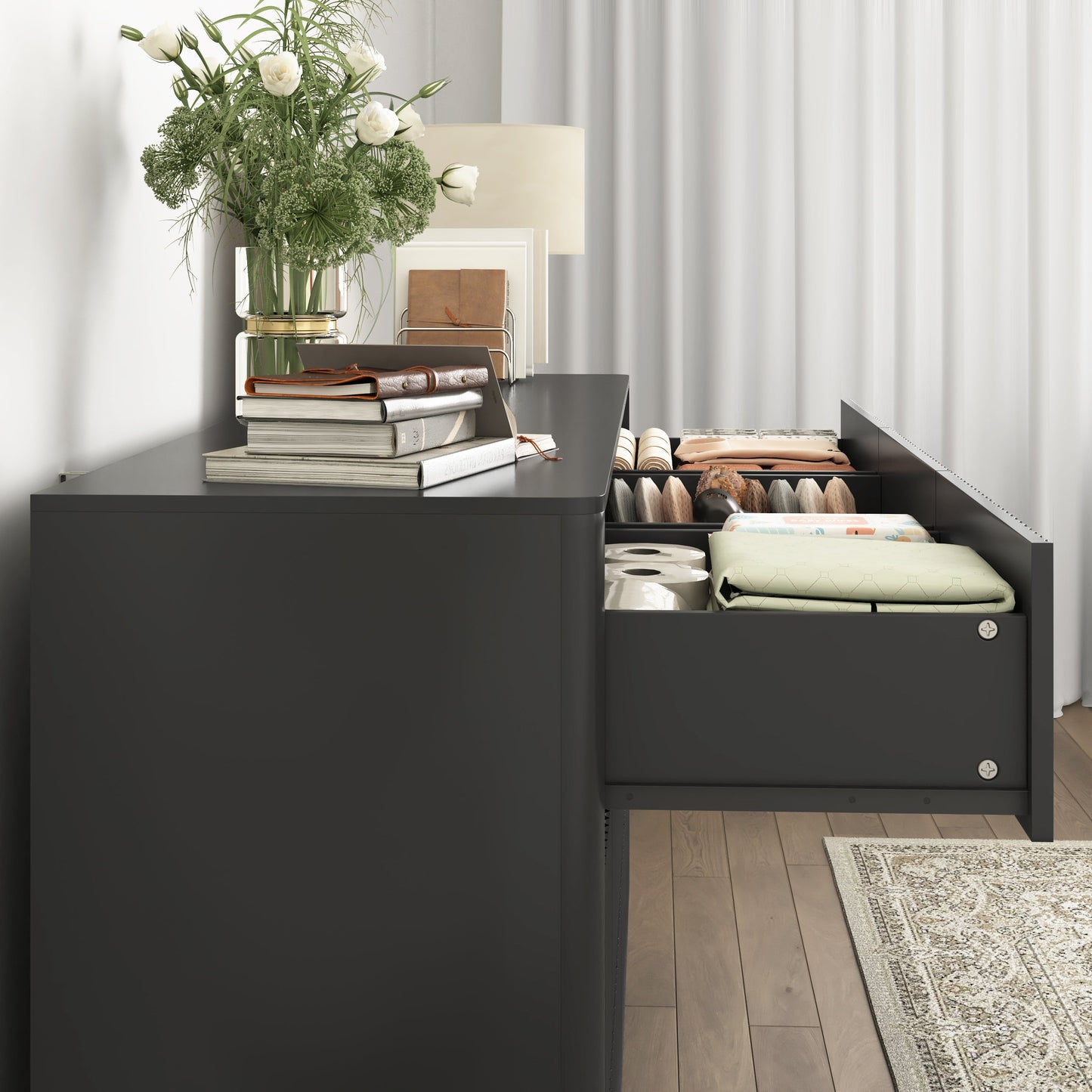 Mid-Century 9-Drawer Black Wave Dresser 59.1x15.7x31.6