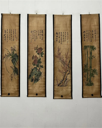 China Old Four‑Panel Scroll Painting – Middle Hall Hanging, Jiawu Year