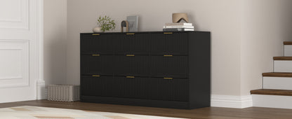 Dresser Classic 9-Drawer Black Particle Board Gold Handles 63x15.74 In