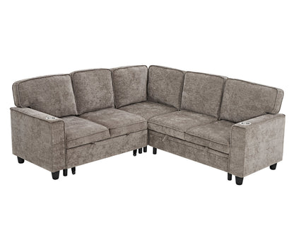 Sectional Sofa L-Shape Chenille Brown 5 Seat USB Ports Pull-Out 81 In