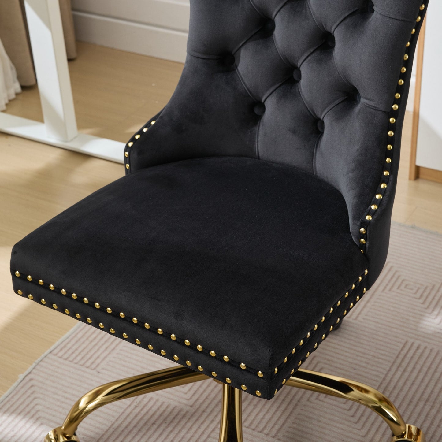 Swivel Office Chair Velvet Black Tufted Button Gold Metal Base 24.8x38.6 In