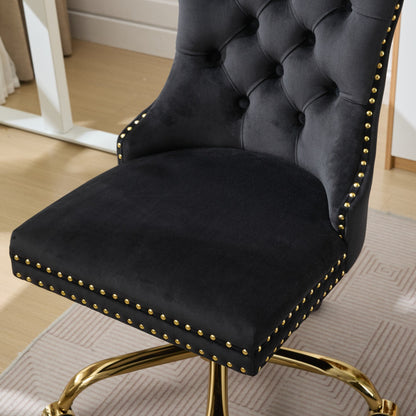 Swivel Office Chair Velvet Black Tufted Button Gold Metal Base 24.8x38.6 In