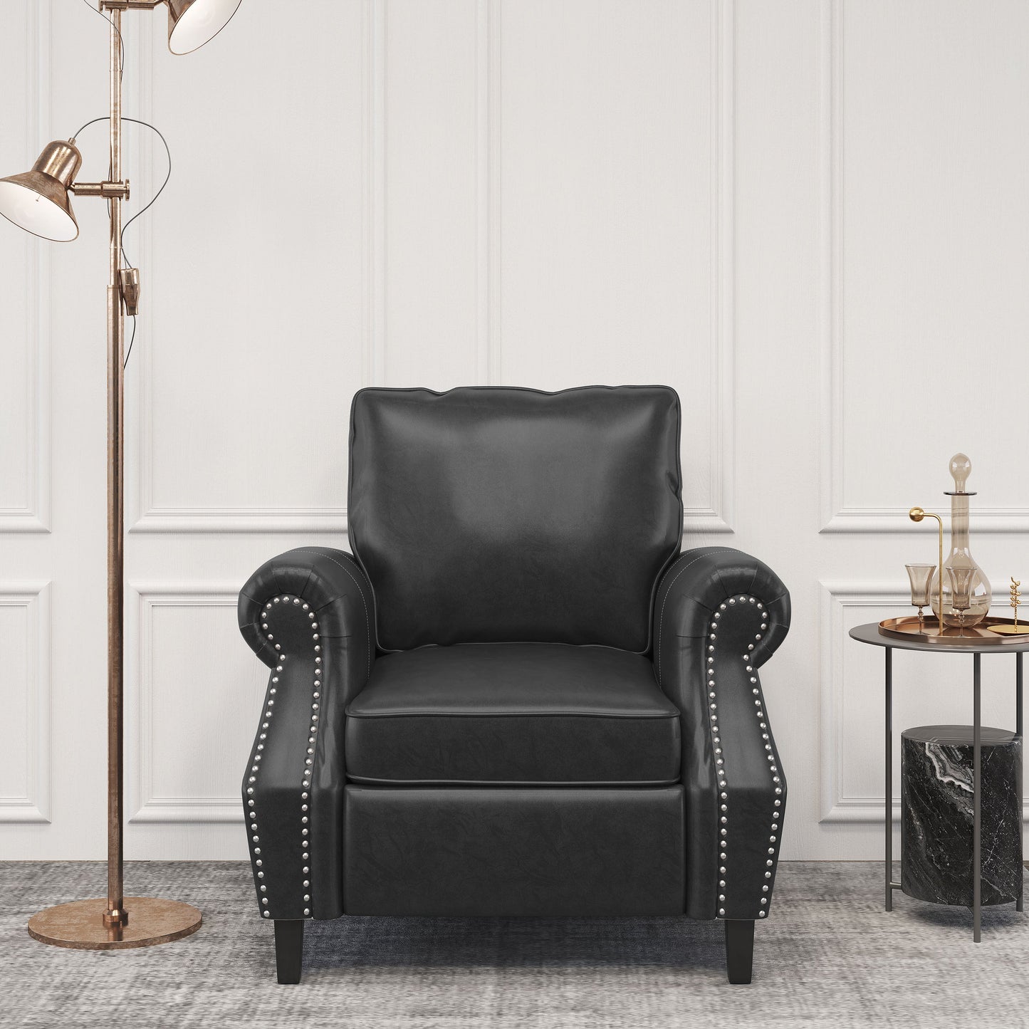 Club Chair Contemporary PU Leather Black Rolled Arms Nailhead Trim 37 In