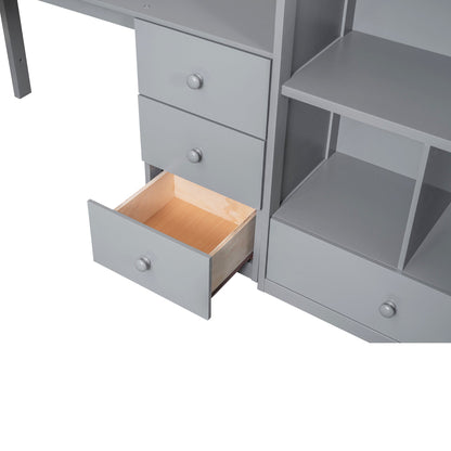 Gray Twin Size Loft Bed with L-Shaped Desk, Drawers, Cabinet and Storage Stai...