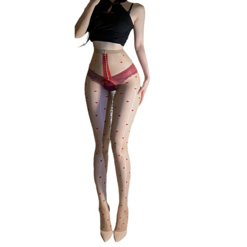 Shiny Jacquard Polka-dot Bodystocking With Crotch Opening And Heart-patterned Silk Stockings